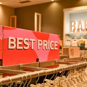 Image of a baby clothing store interior with a prominent 'Best Price' sign on display rack.